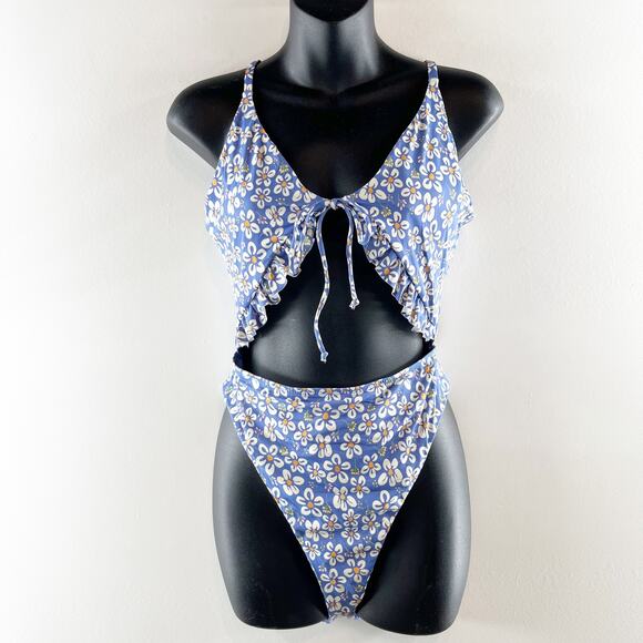 Dippin Daisys Floral Cutout One Piece Swimsuit Bathing Suit Blue Large - Picture 1 of 7